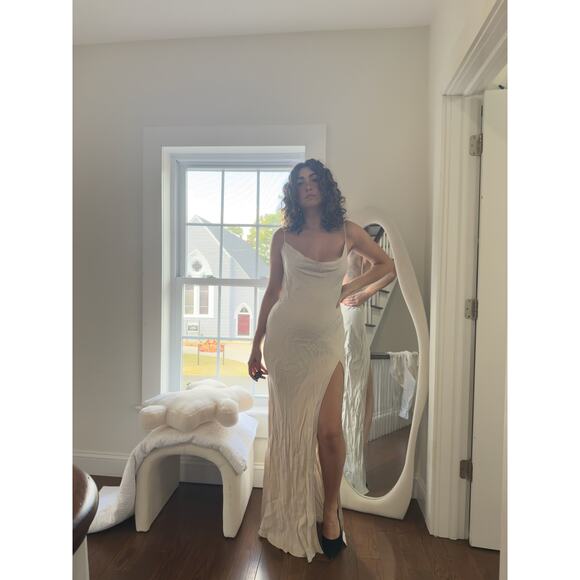 MESHKI “Jade” Cowl Neck Backless Satin Maxi Dress – Bone (NWT, XL) - Picture 1 of 7